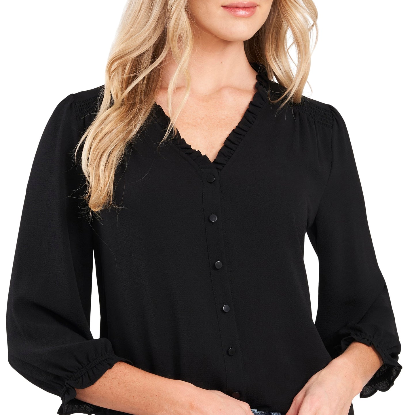 CeCe Women's Ruffle V Neck Blouse Black Size Medium