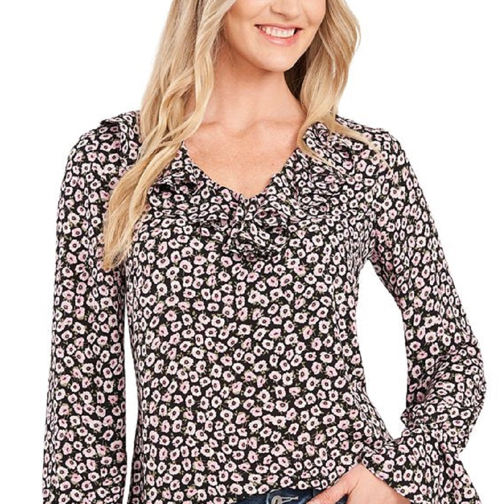 CeCe Women's Floral Ruffled Blouse Pink Size X-Small