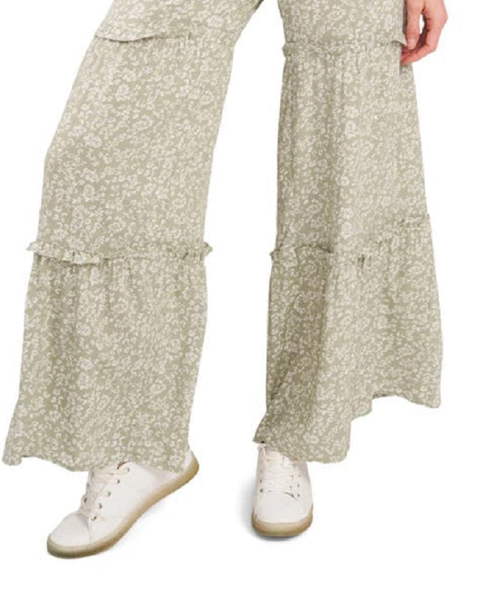 CeCe Women's Ditsy Printed Ruffle Wide Leg Pants Green Size Medium