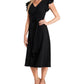 CeCe Women's Cotton Blend Belted Pleated Pullover Style Flutter Sleeve V Neck Midi Evening Fit Flare Dress Black Size Large