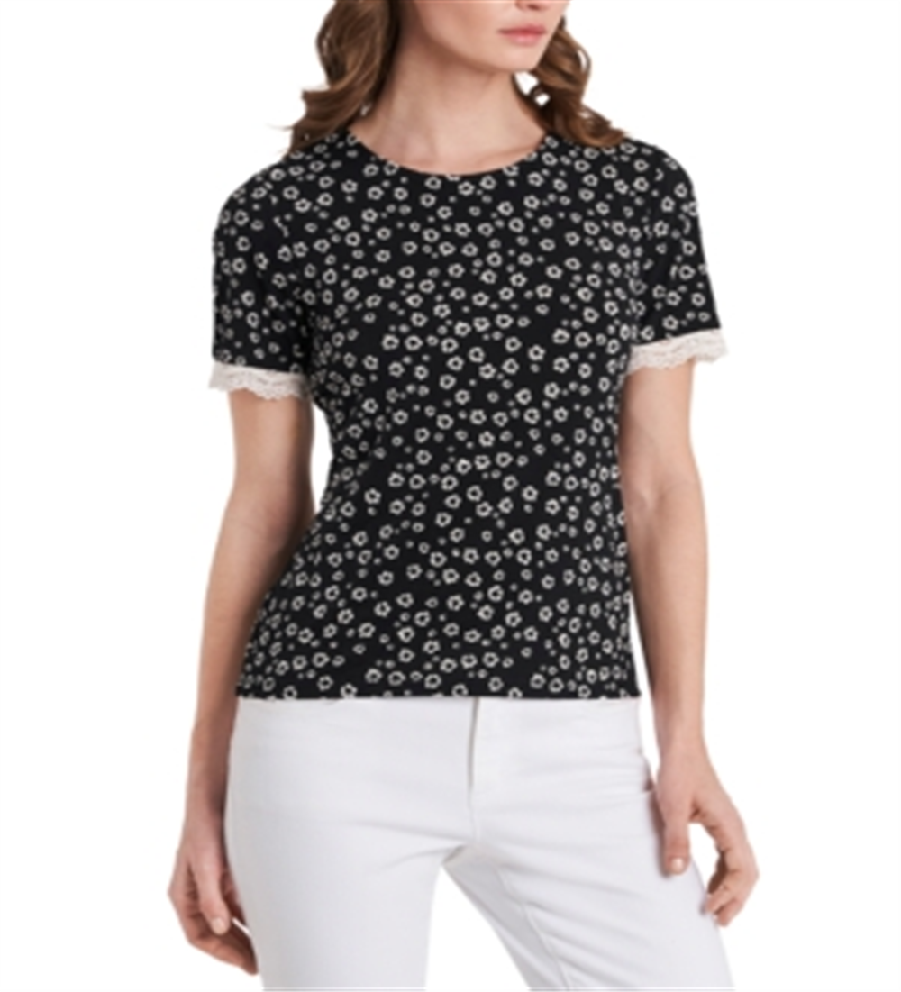 Riley & Rae Women's Perry Ditsy Print Lace Cuff Top Black Size X-Small