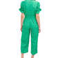 Riley & Rae Women's Zippered Ruffled Puffed Sleeves Tie Short Sleeve Crew Neck Wide Leg Jumpsuit Green Size 6