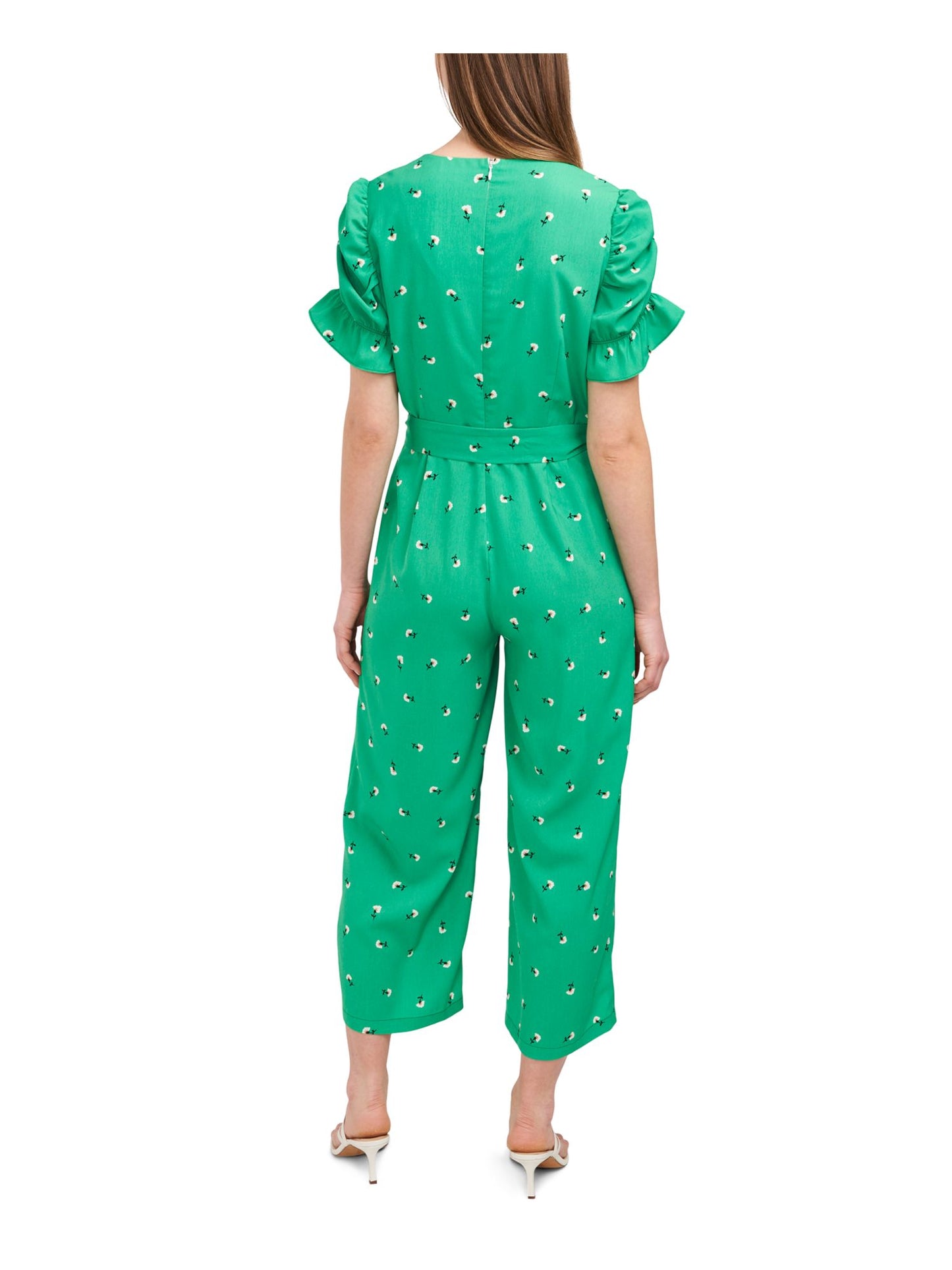 Riley & Rae Women's Zippered Ruffled Puffed Sleeves Tie Short Sleeve Crew Neck Wide Leg Jumpsuit Green Size 6