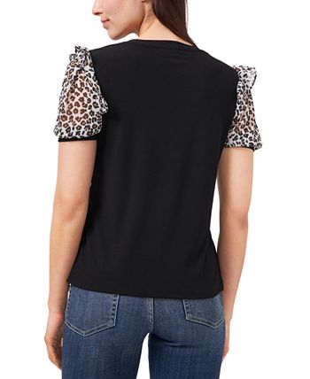 CeCe Women's Mixed Media Puff Sleeve Crepe T-Shirt Black Size Medium