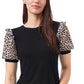 CeCe Women's Mixed Media Puff Sleeve Crepe T-Shirt Black Size Medium