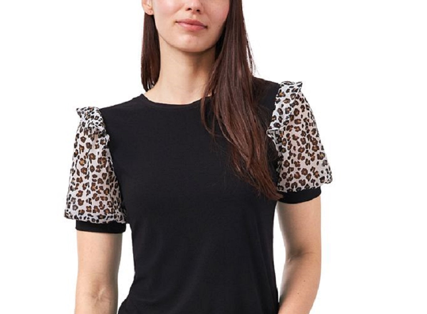 CeCe Women's Mixed Media Puff Sleeve Crepe T-Shirt Black Size Medium
