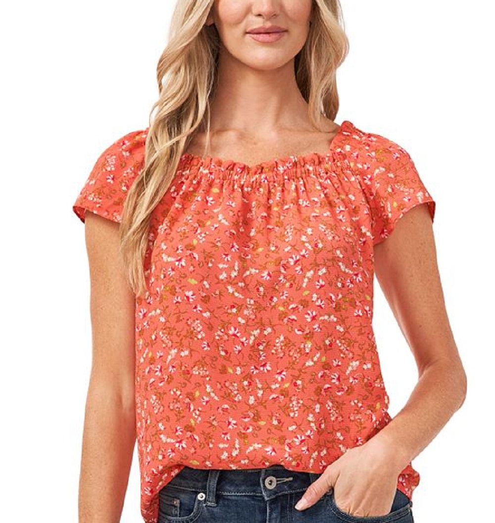 CeCe Women's Square Neck Floral Print Blouse Orange Size Medium