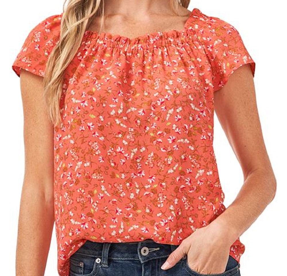 CeCe Women's Square Neck Floral Print Blouse Orange Size Medium