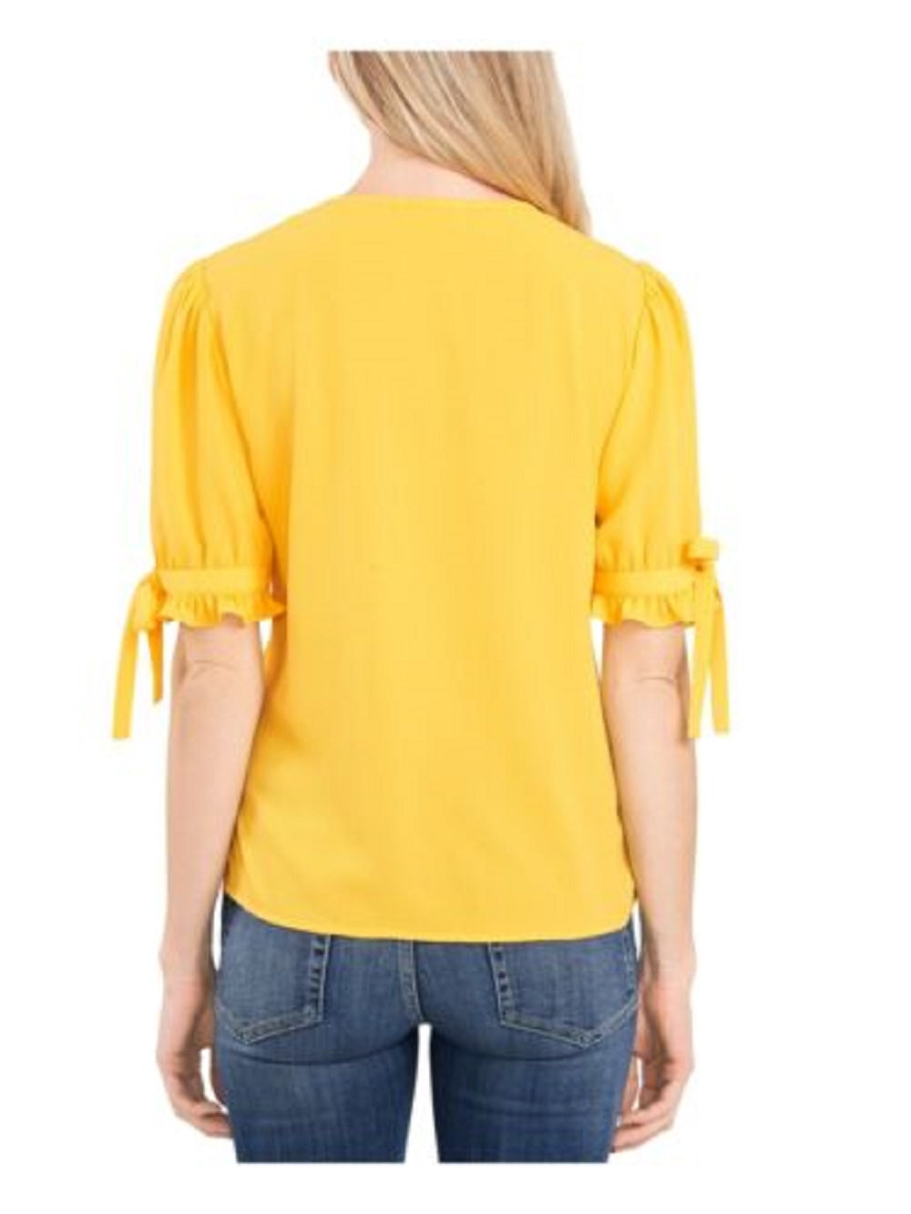 CeCe Women's Ruffled Tie Pleated Button Closures Elbow Sleeve V Neck Blouse Yellow Size X-Small