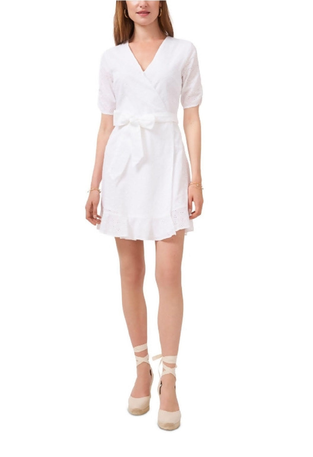 1.STATE Women's Embroidered Ruffled Eyelet Self Tie Belt Lined Zippe Floral Elbow Sleeve Surplice Neckline Short Party Faux Wrap Dress White