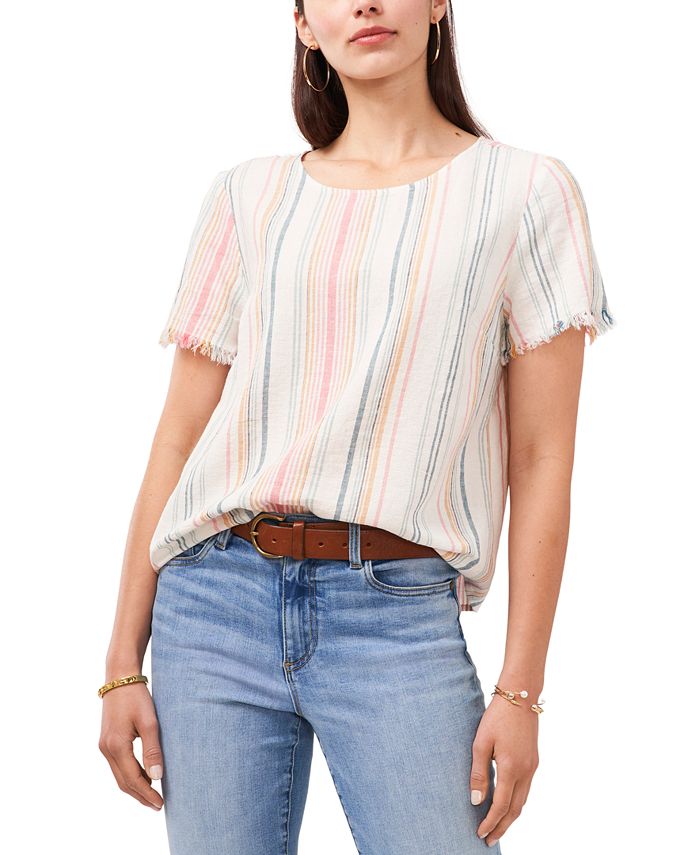 Vince Camuto Women's Stripe Short Sleeve Linen Blend Top White Size Large