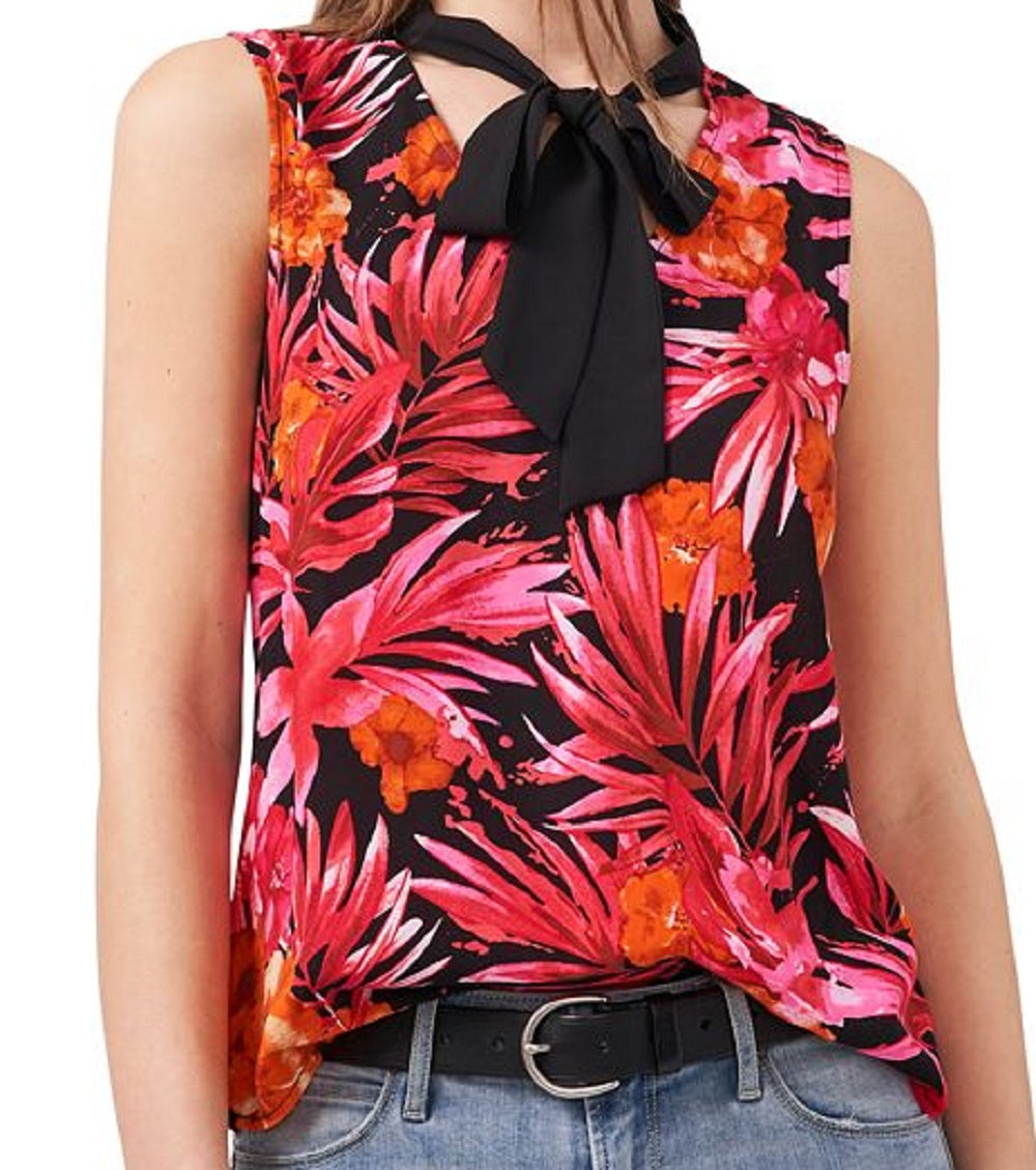 Riley & Rae Women's Tropical Print Tie Neck Blouse Red Size X-Small