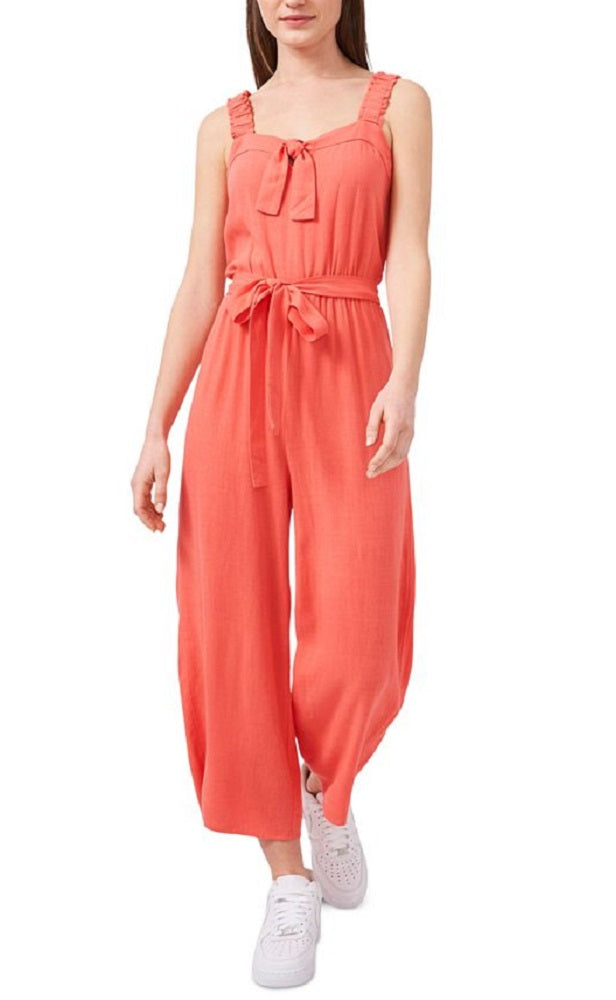 Riley & Rae Women's Coral Zippered Ruched Tie Belt Sleeveless Sweetheart Neckline Wide Leg Jumpsuit Orange Size 8