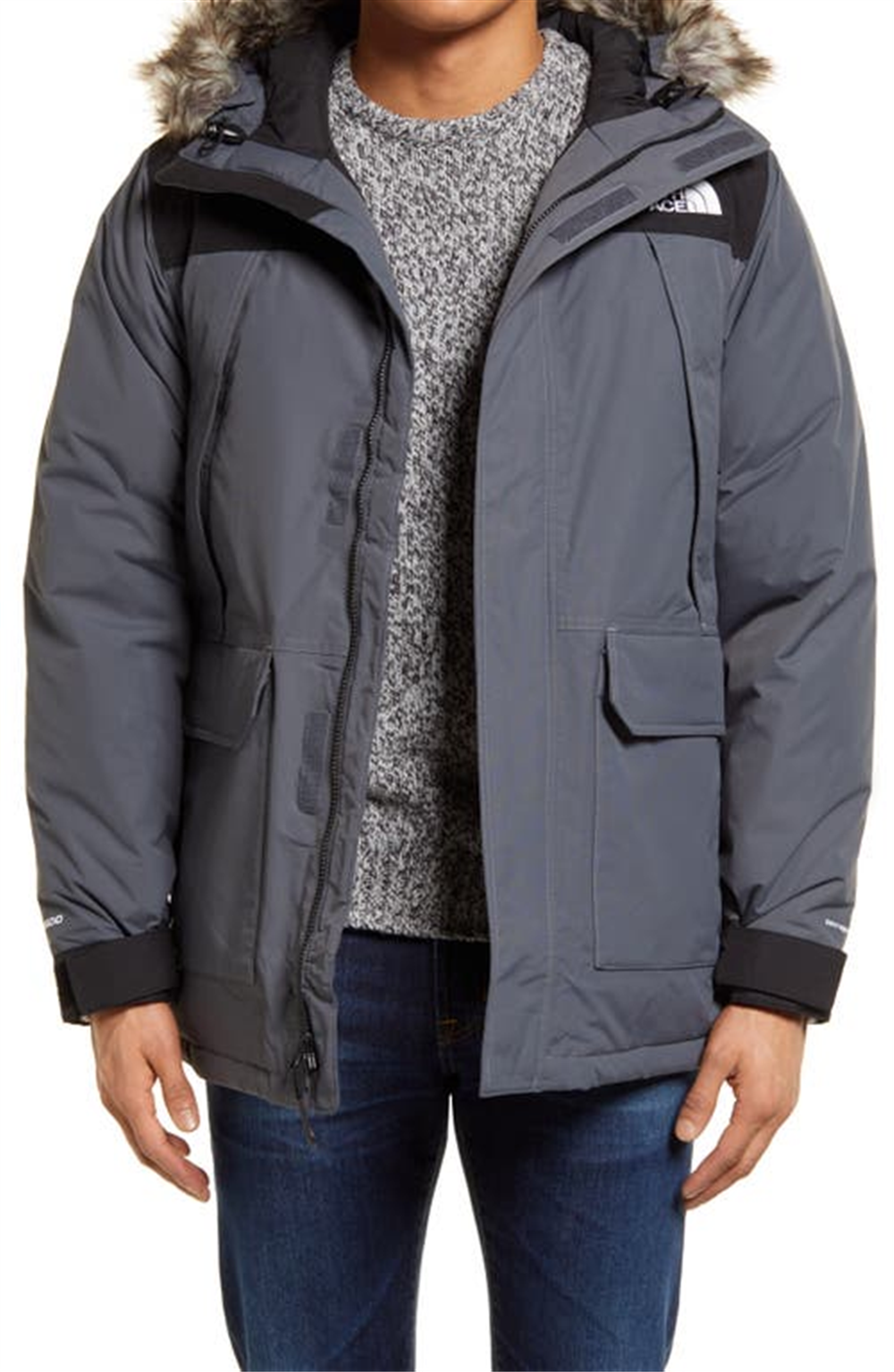 The North Face Men's Waterproof Goose Down Coat With Faux Fur Trim Gray Size Small