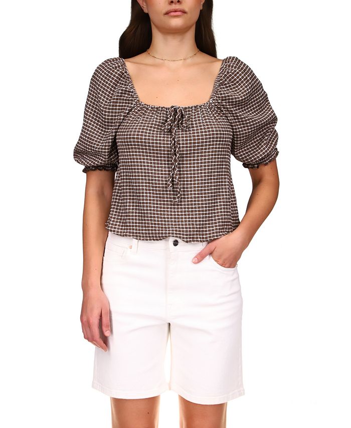 Sanctuary Women's Square Neck Cotton Peasant Blouse Brown Size X-Small