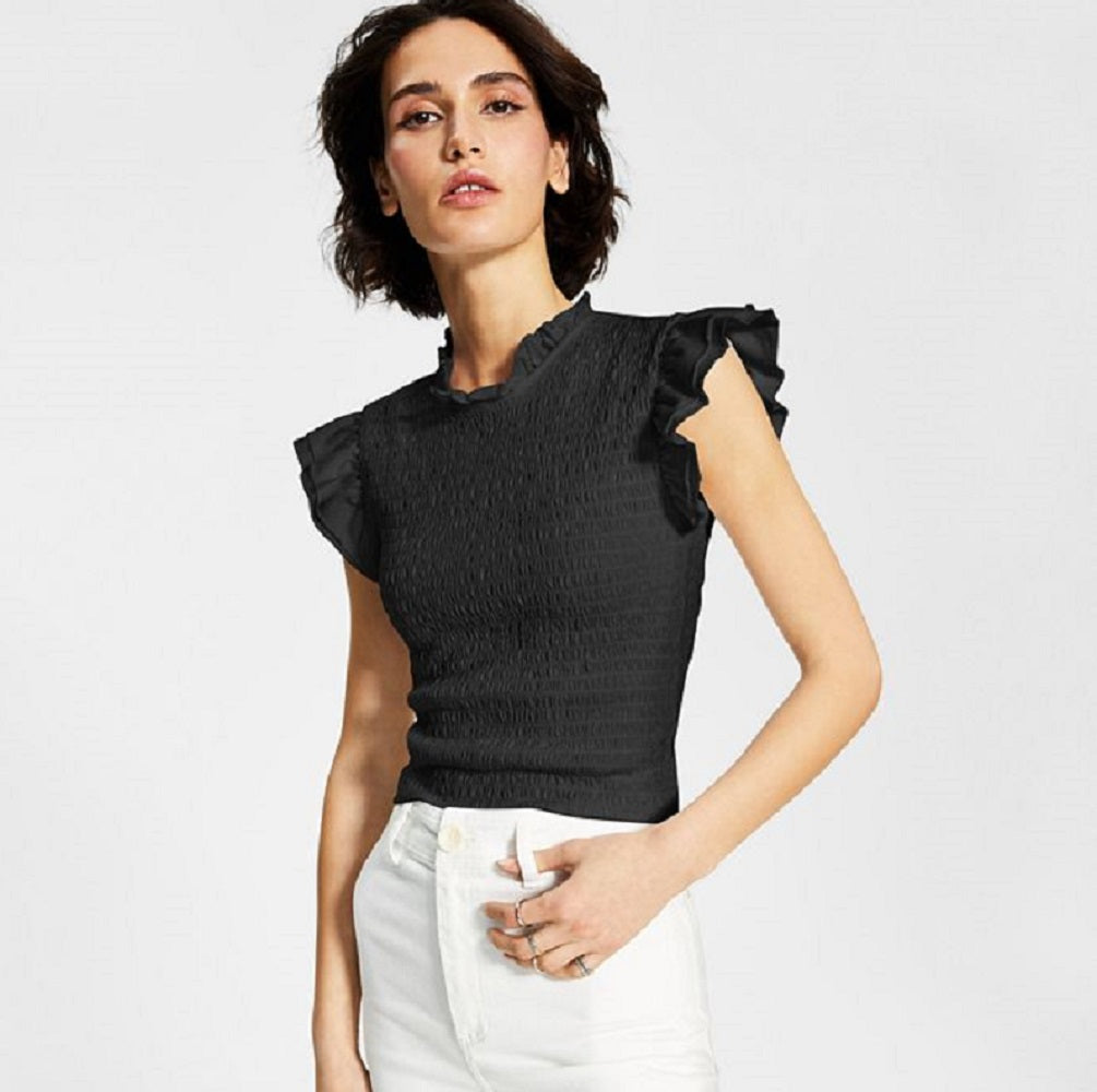 French Connection Women's Smocked Organic Cotton Jersey Top Black Size Medium
