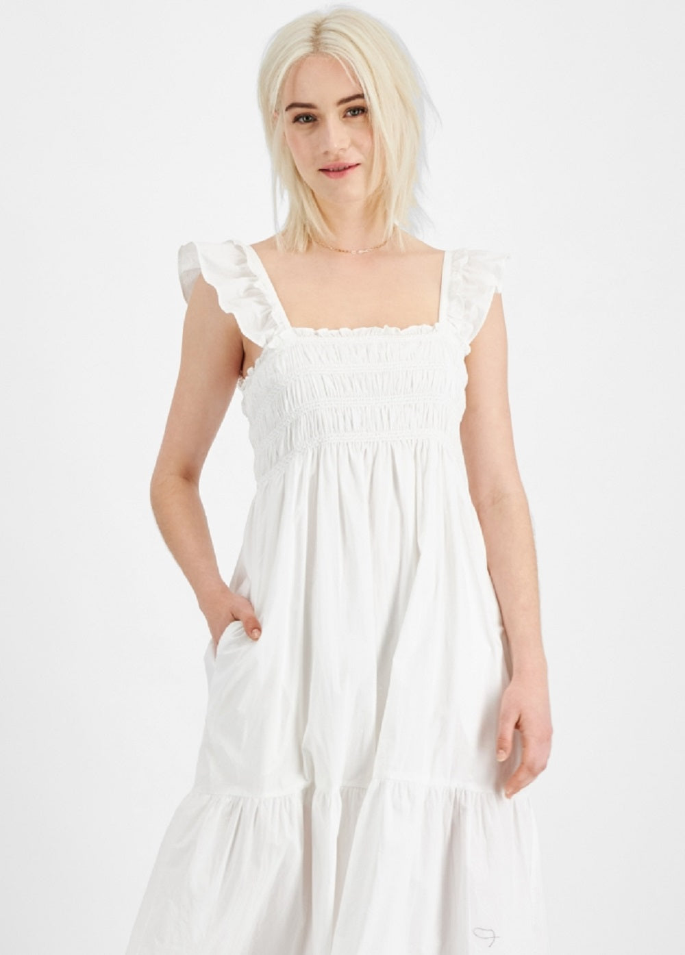 French Connection Women's Smocked Organic Cotton Midi Dress White Size 0