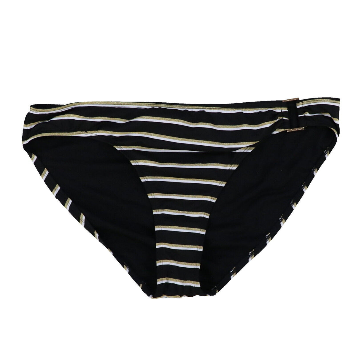 Ralph Lauren Women's Dylan Striped Metallic Ring Bikini Swim Bottoms Black Size 16