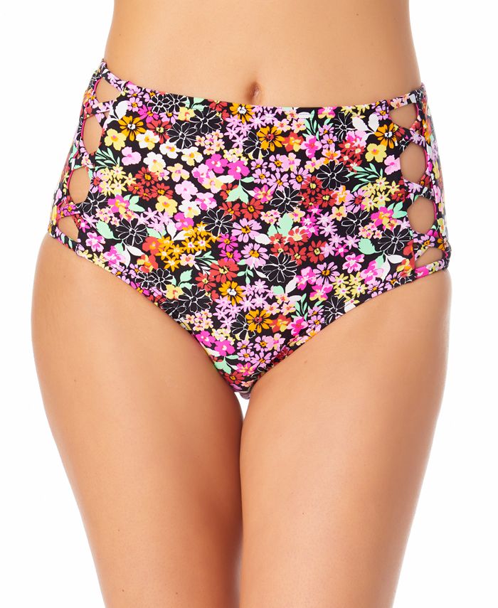 California Waves Junior's High Rise Strappy Side Bikini Bottoms Swimsuit Red