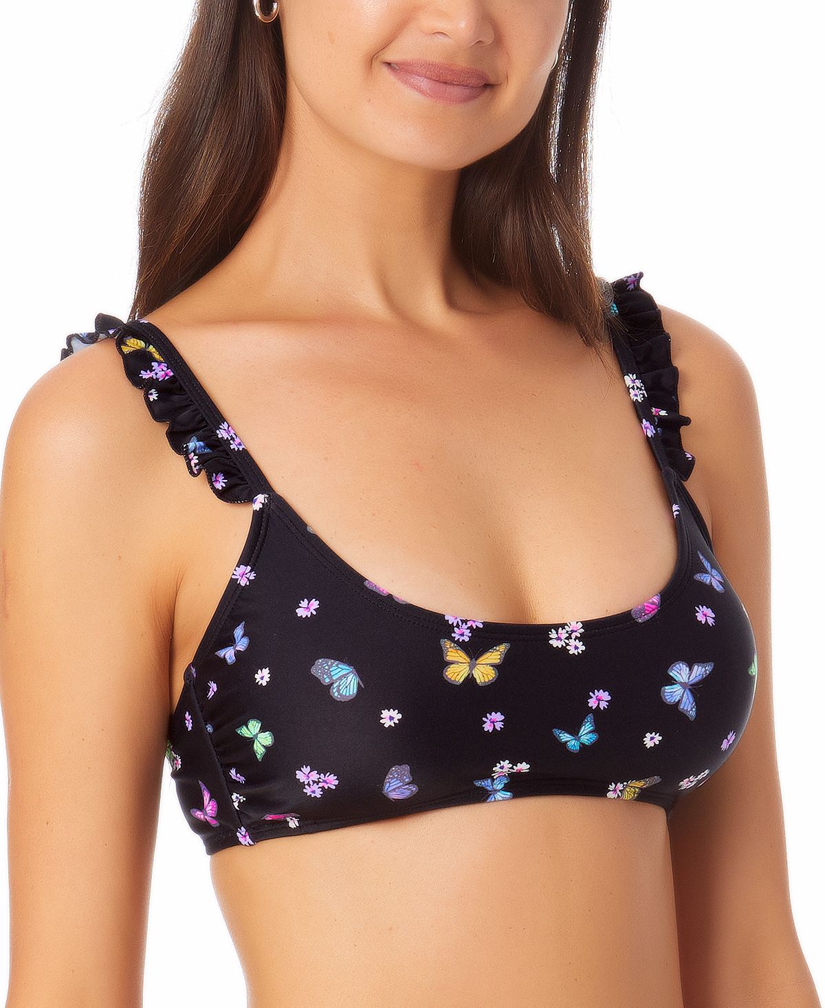 California Waves Women's  Juniors' Ruffle Bralette Bikini Top Swimsuit Black Size Large