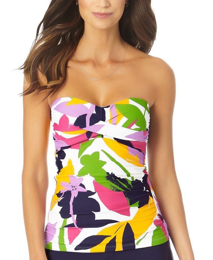 Anne Cole Women's Bold Floral Twist Strapless Tankini Top Swimsuit White Size Small
