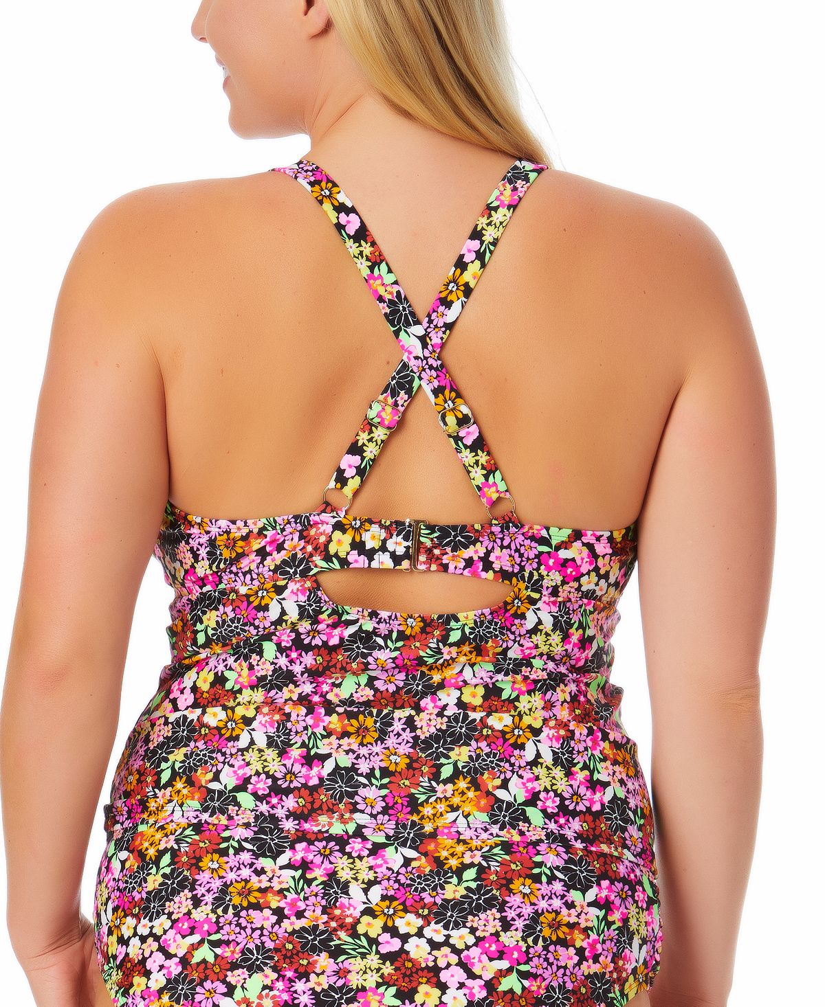 California Waves Women's Ditsy Print Drawstring Tankini Top Swimsuit Black