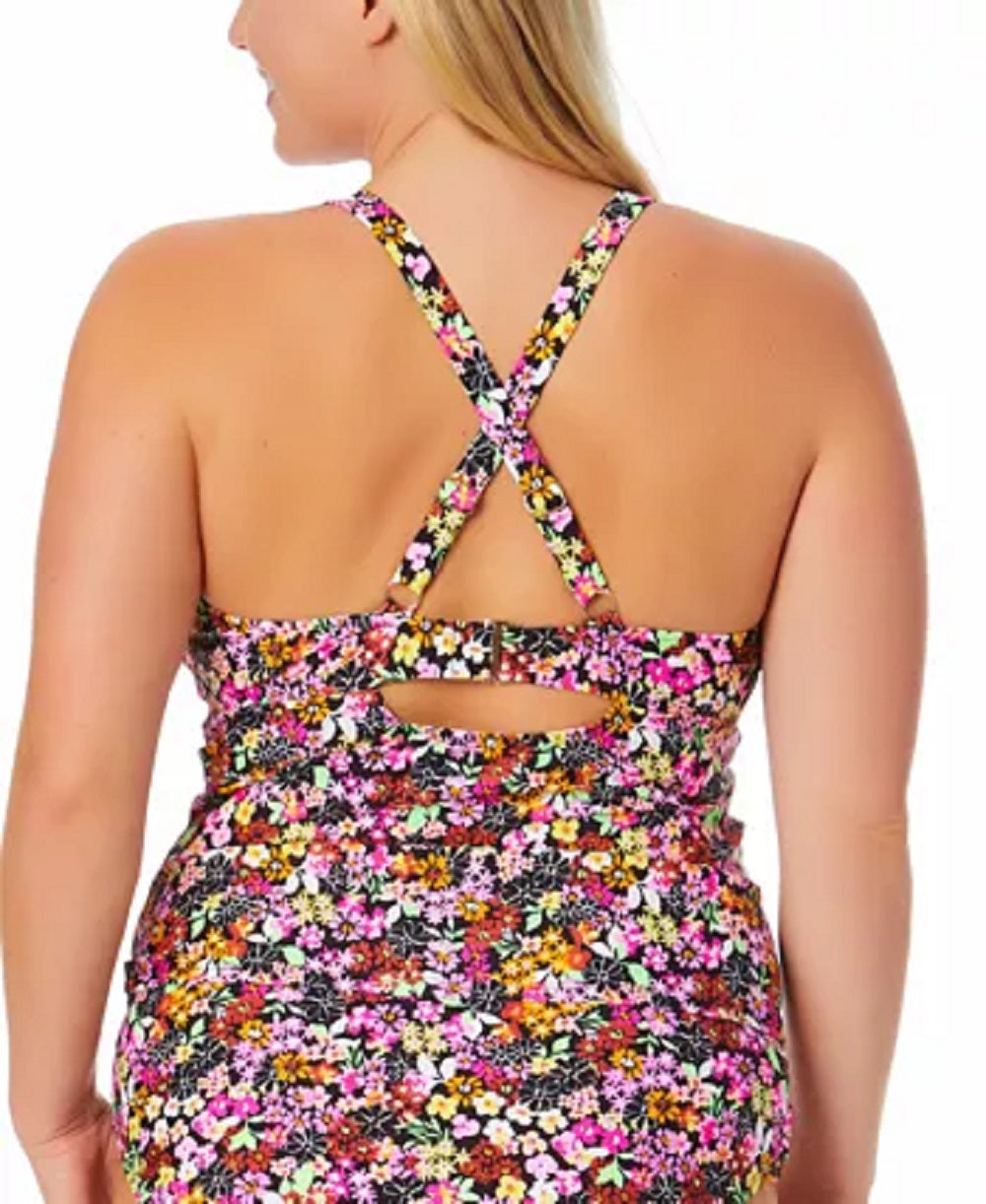 California Waves Women's Ditsy Print Drawstring Tankini Top Swimsuit Black