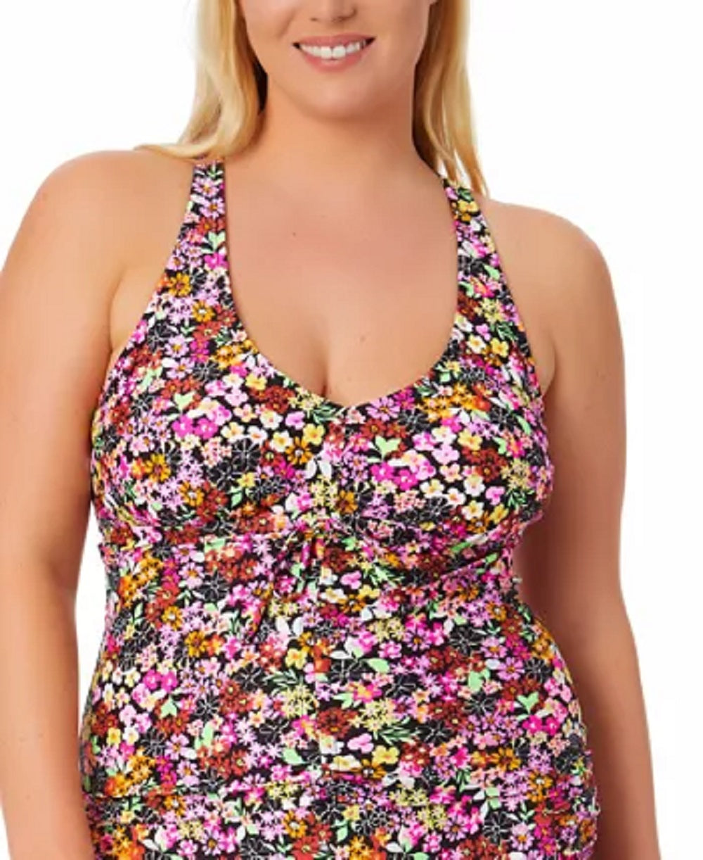 California Waves Women's Ditsy Print Drawstring Tankini Top Swimsuit Black