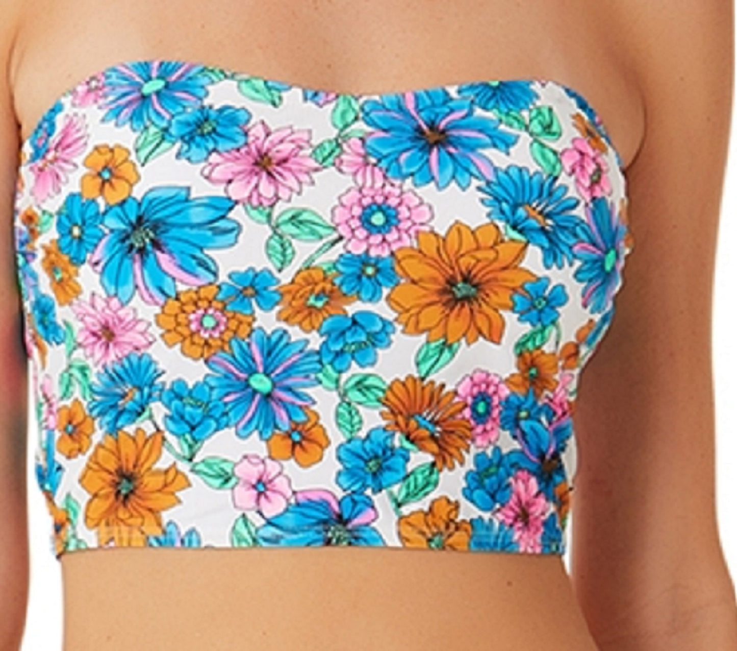 California Waves Women's Wall Paper Floral Long Line Bandeau Top Swimsuit Blue