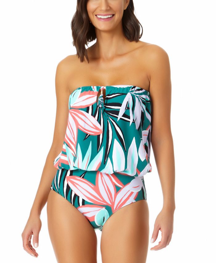 Anne Cole Women's Zesty Tropical Blouson One Piece Keyhole Swimsuit Green