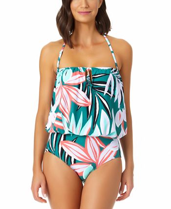 Anne Cole Women's Zesty Tropical Blouson One Piece Keyhole Swimsuit Green