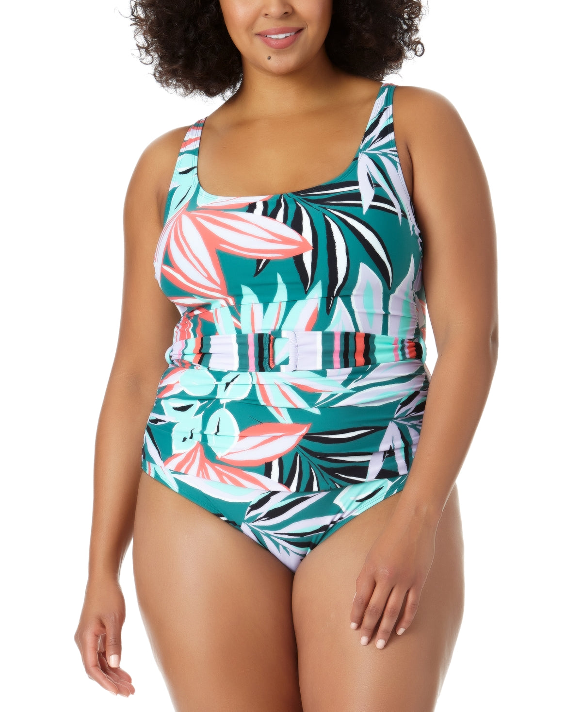 Anne Cole Women's Zesty Tropical Belted Scoop Neck One Piece Swimsuit Multi Size 16W