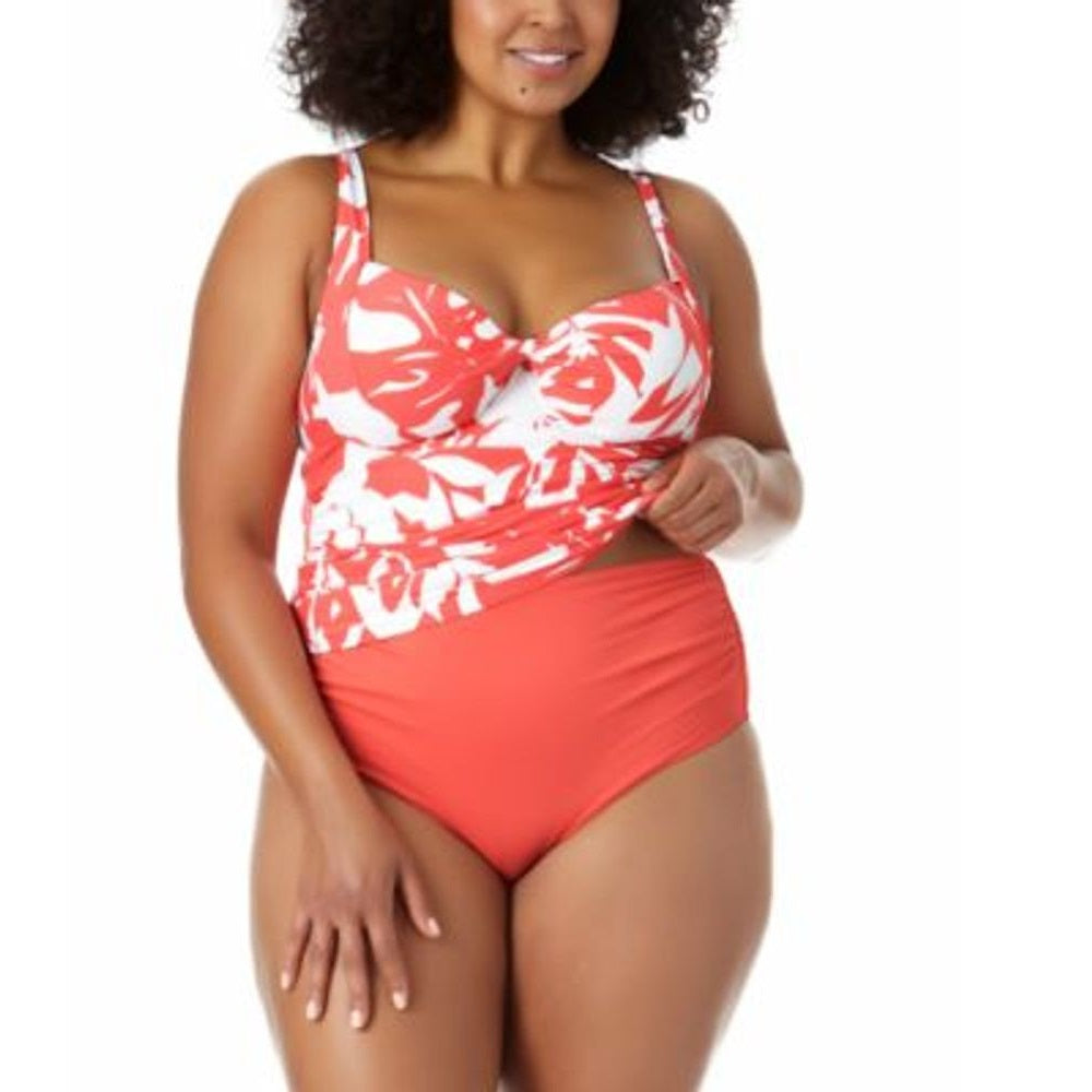 Anne Cole Women's Coastal Palm Printed Twist Underwire Tankini Top Swimsuit Orange