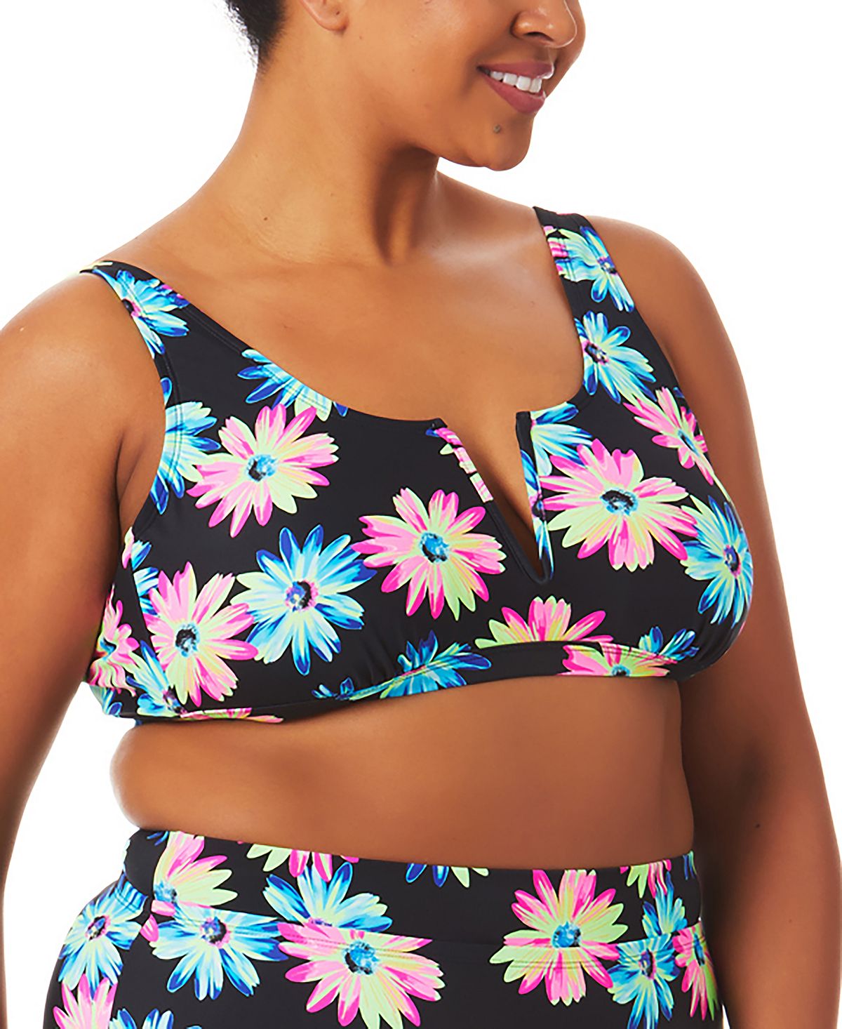 California Waves Women's Gerber Daisy Bralette Bikini Top Swimsuit Black Size 1X