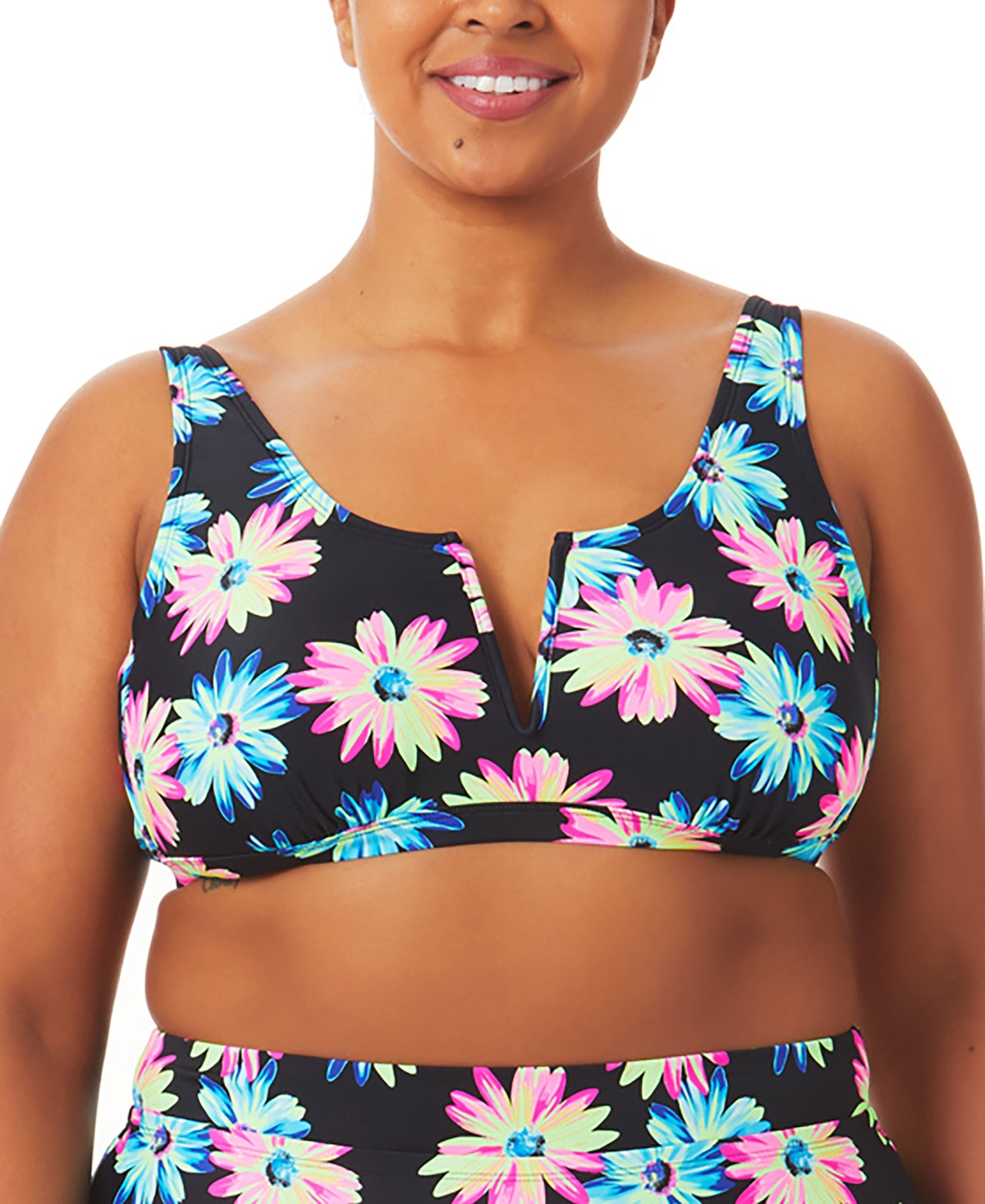 California Waves Women's Gerber Daisy Bralette Bikini Top Swimsuit Black Size 1X