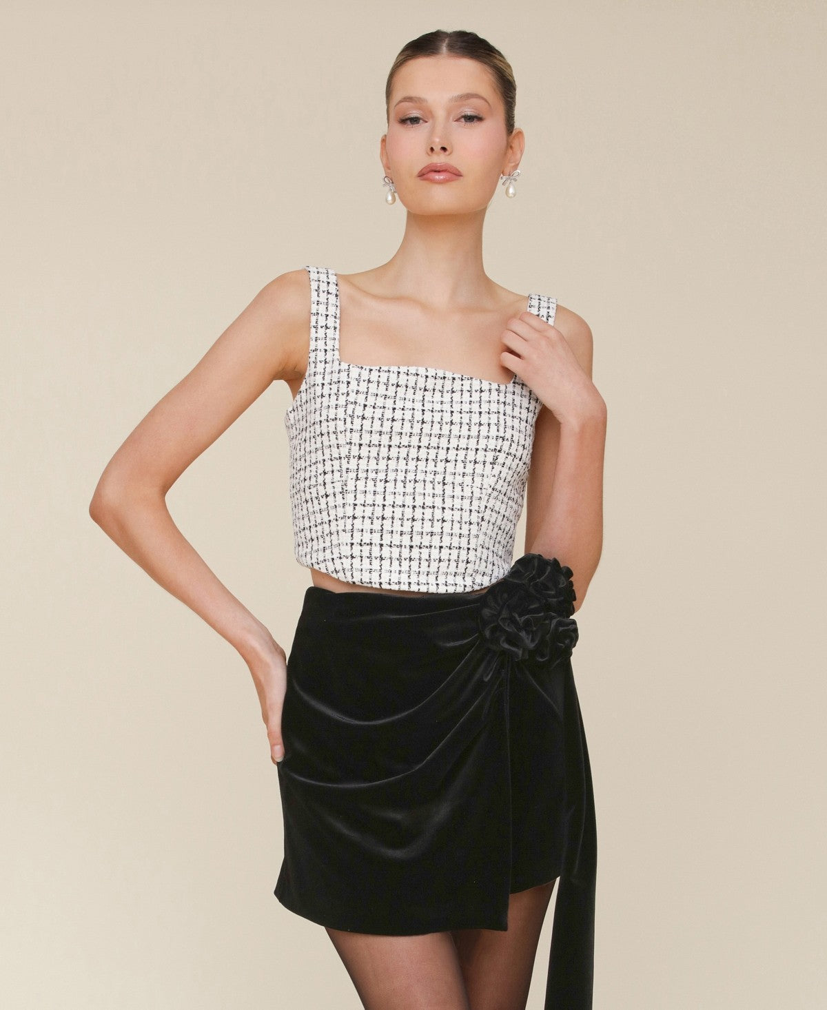 Avec Les Filles Womens Tweed Corset Sleeveless Top Black White