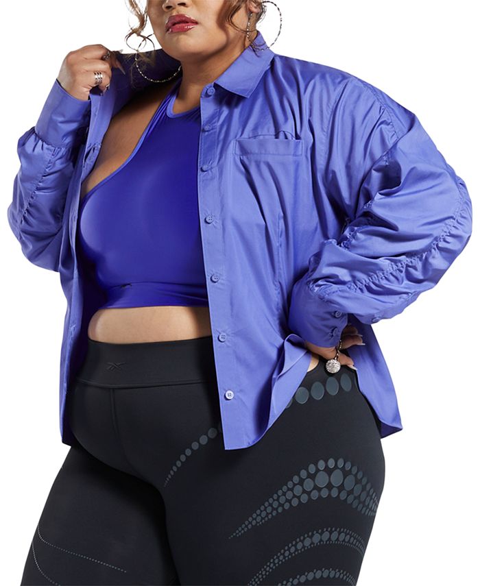 CARDI B X REEBOK महिलाओं की ट्विल बटन अप शर्ट बैंगनी साइज़ 2X
