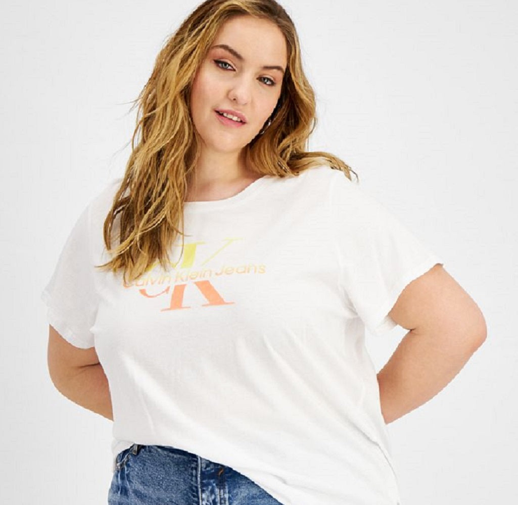 Calvin Klein Women's Watercolor Ck Logo Iconic T-Shirt White Size 2X