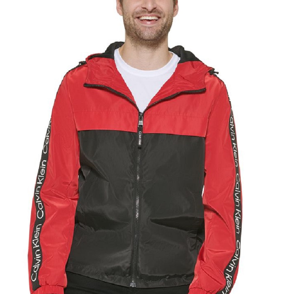Calvin Klein Men's Logo Taped Sleeves Hooded Windbreaker Jacket Red Size Large