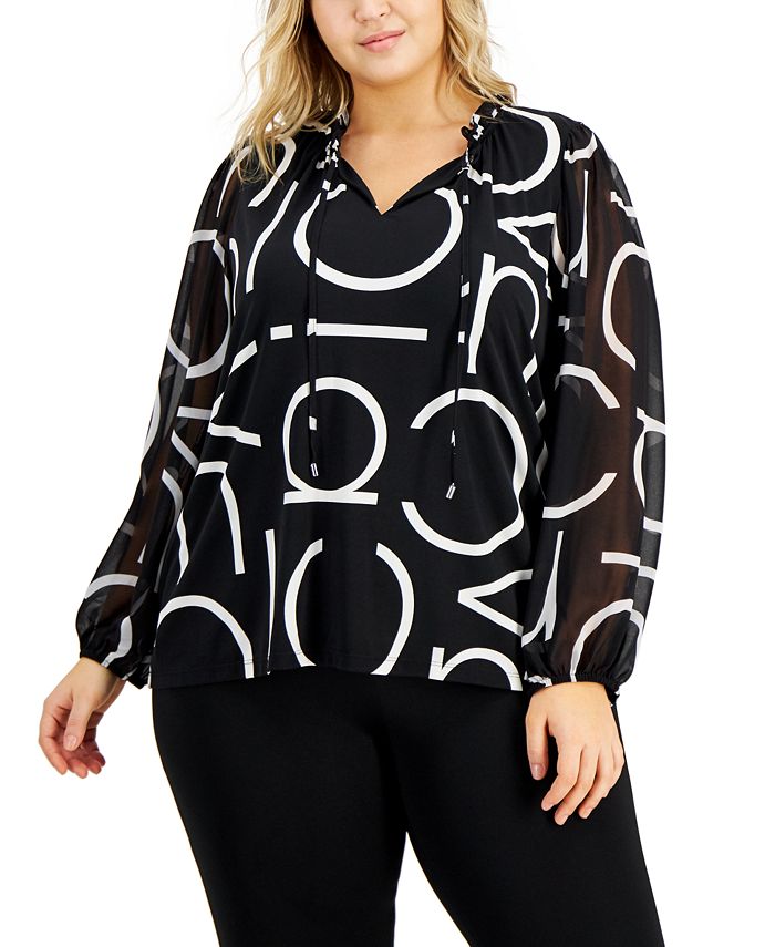 Calvin Klein Women's Split Neck Sheer Sleeve Top Black Size 2X