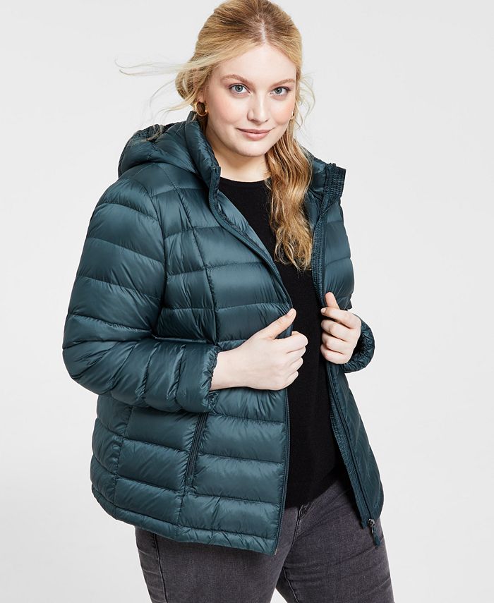Charter Club Women's Hooded Packable Down Puffer Coat Green Size 2X