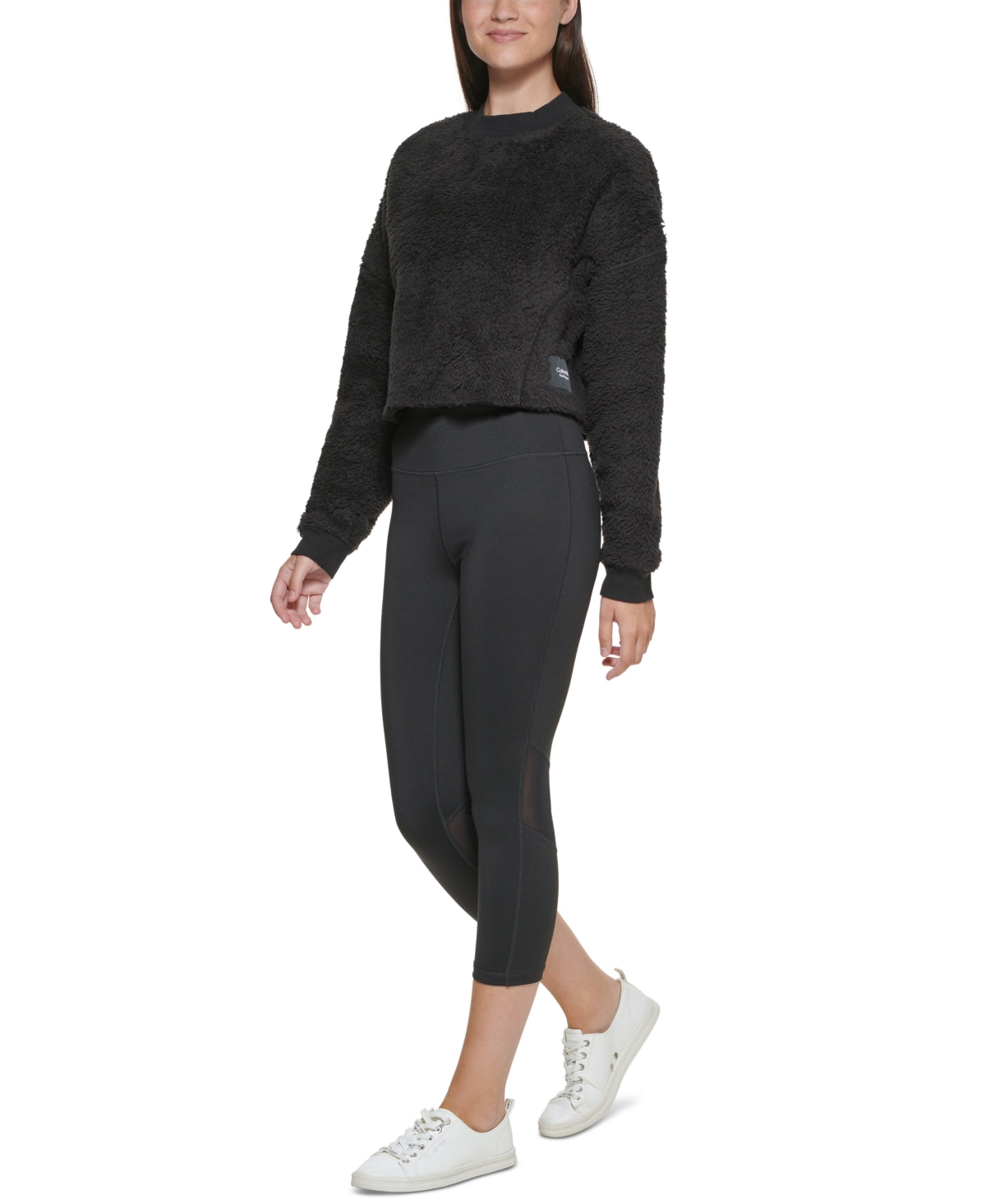 Calvin Klein Women's Faux Sherpa Cropped Pullover Top Black Size X-Large