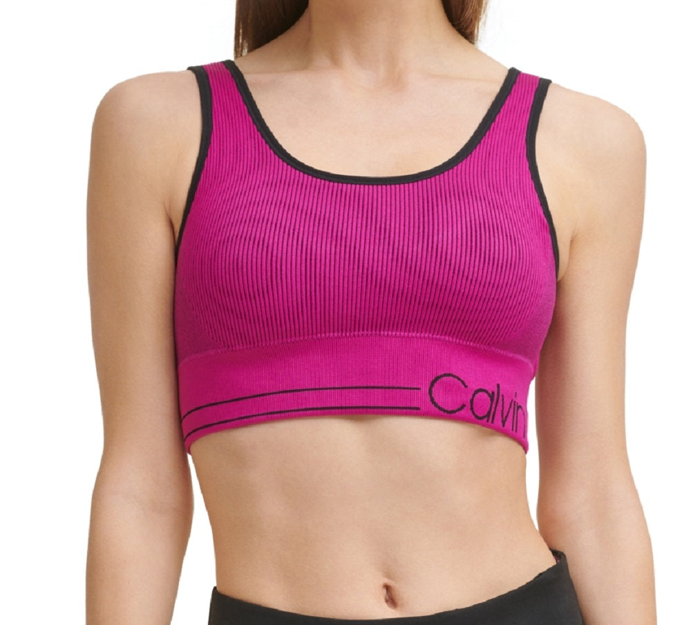 Calvin Klein Women's Seamless Ribbed Medium Impact Sports Bra Pink Size X-Large