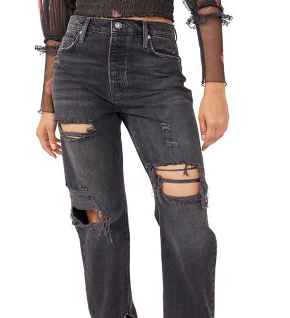 Free People Women's Distressed Tapered Baggy Boyfriend Jeans Black Size 27