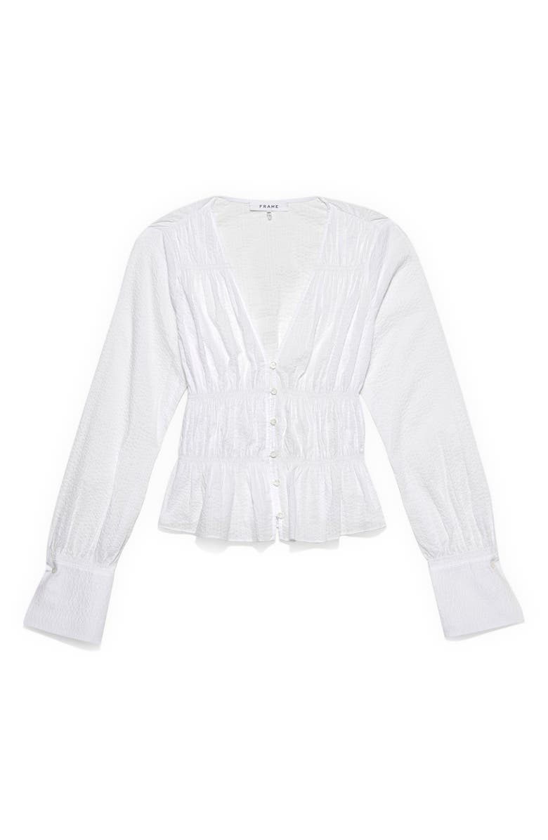 FRAME Ruched Button Front Cotton Blouse in White, Size Small