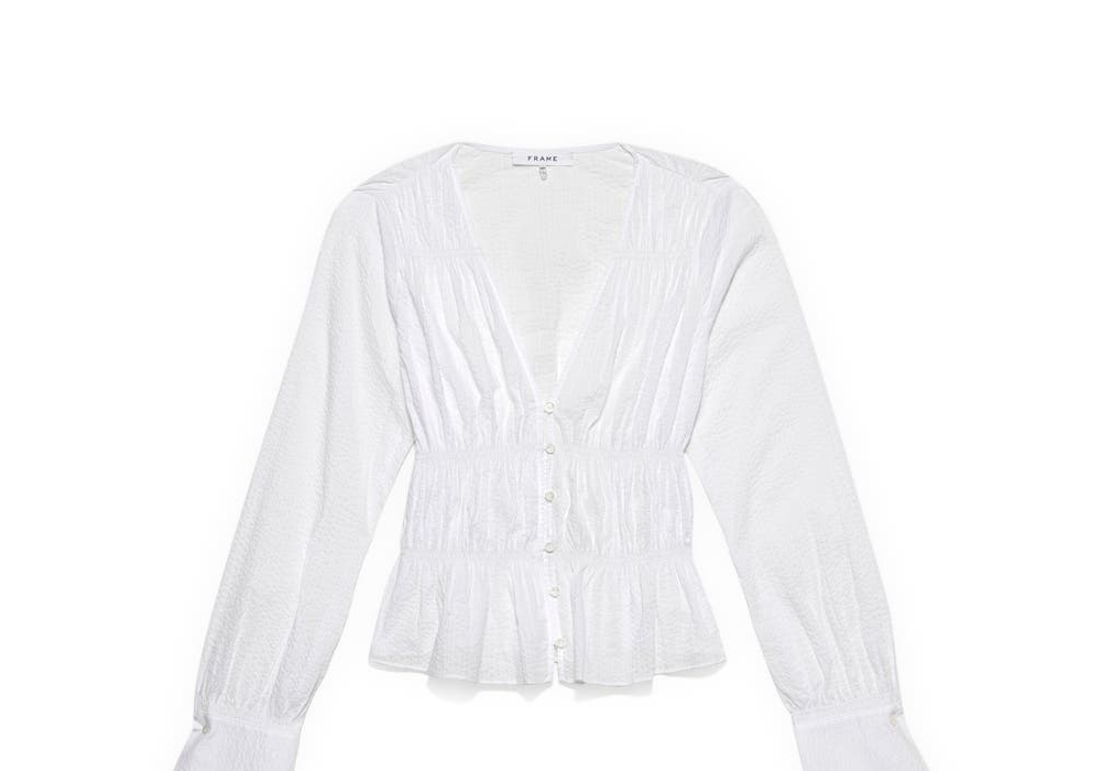 FRAME Ruched Button Front Cotton Blouse in White, Size Small
