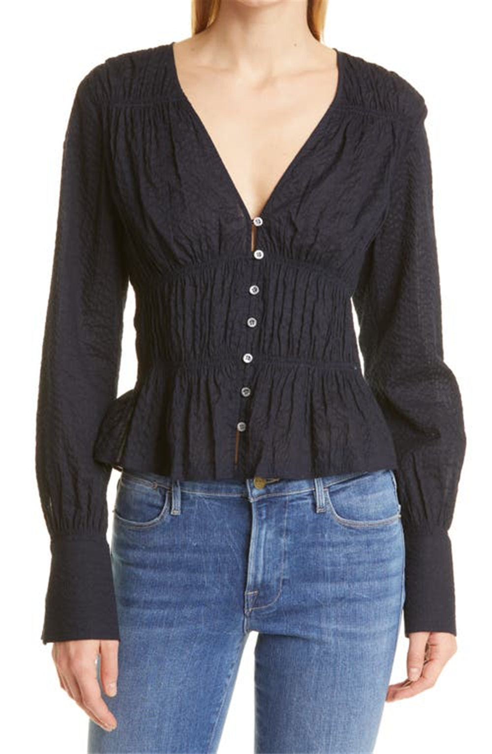 FRAME Ruched Button Front Cotton Blouse in White, Size Small