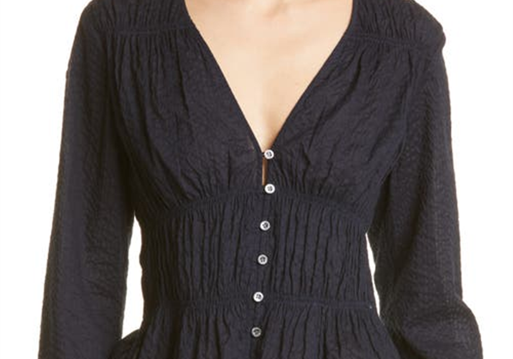 FRAME Ruched Button Front Cotton Blouse in White, Size Small