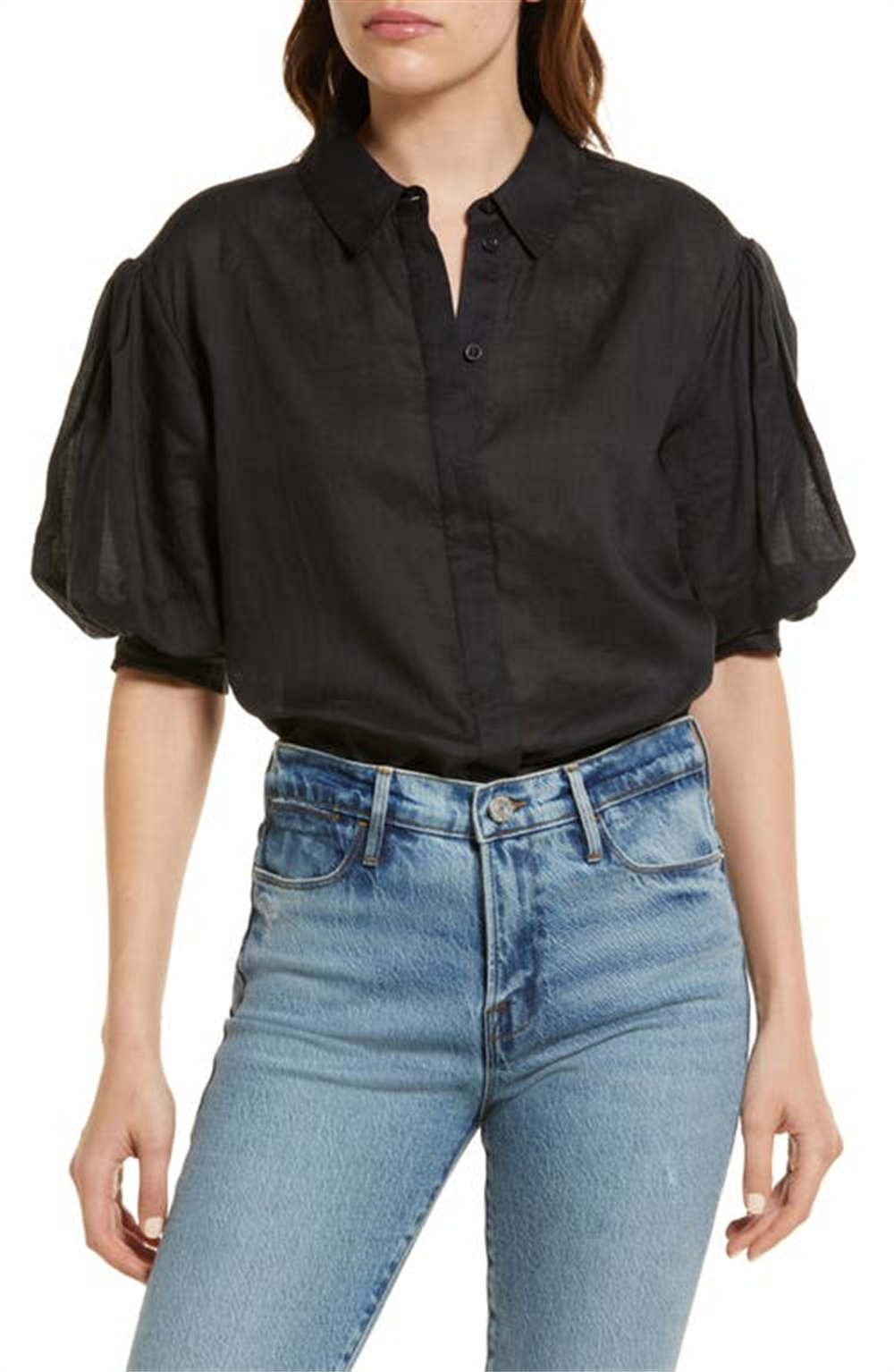 FRAME Puff Sleeve Blouse in Noir , Size Small