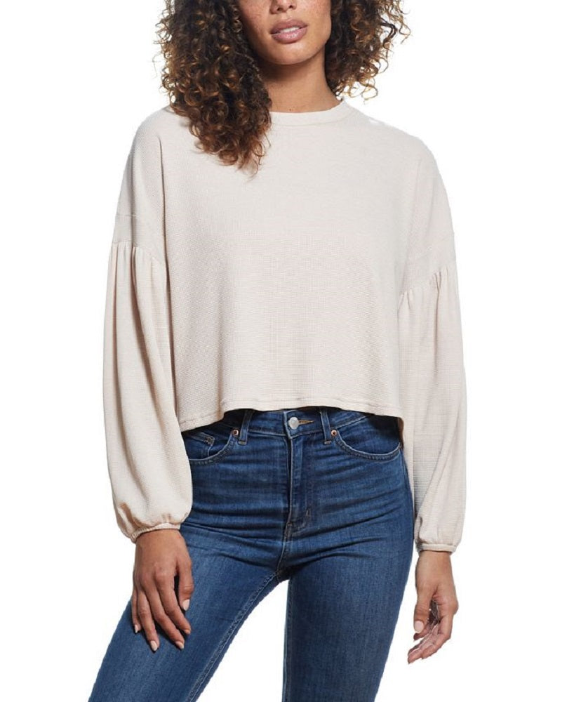 Weatherproof Vintage Women's Drop Shoulder Balloon Sleeve Waffle Crew Neck Top Beige Size Medium